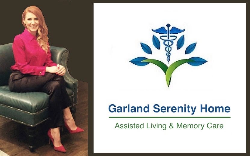 A woman seated next to the logo of Garland Serenity Homes, a facility specializing in assisted living and memory care.