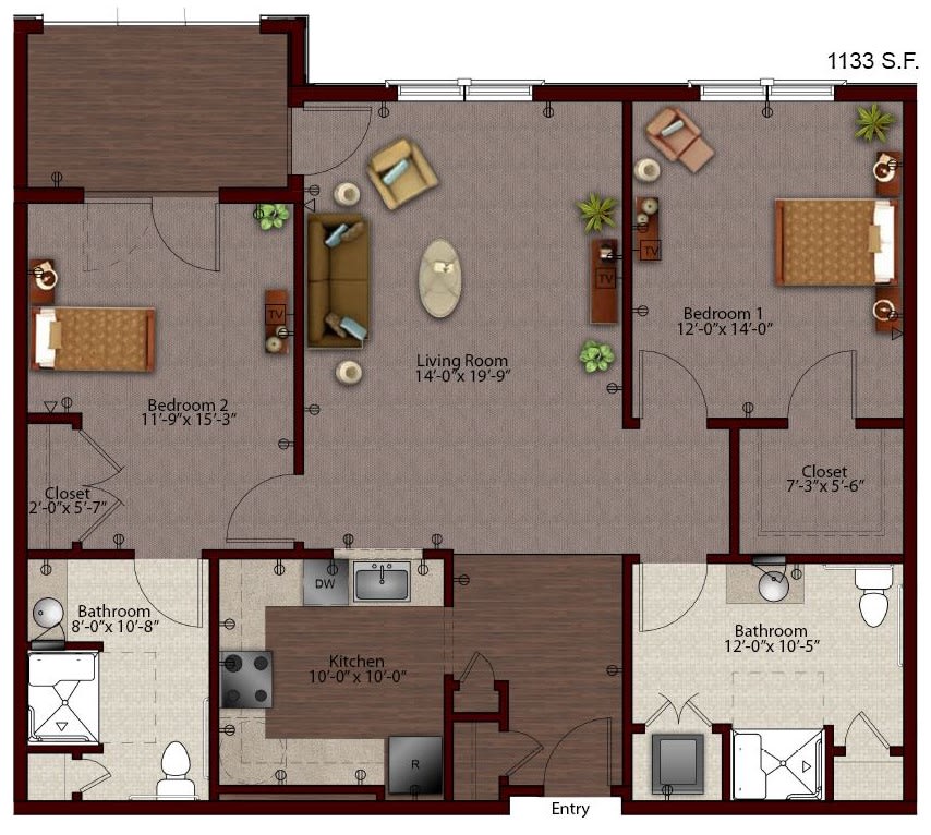 A floor plan of a two-bedroom apartment with a living room, kitchen, and two bathrooms.