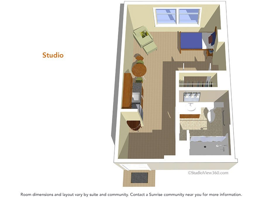 3D floor plan of a studio apartment showing the layout and furniture arrangement.