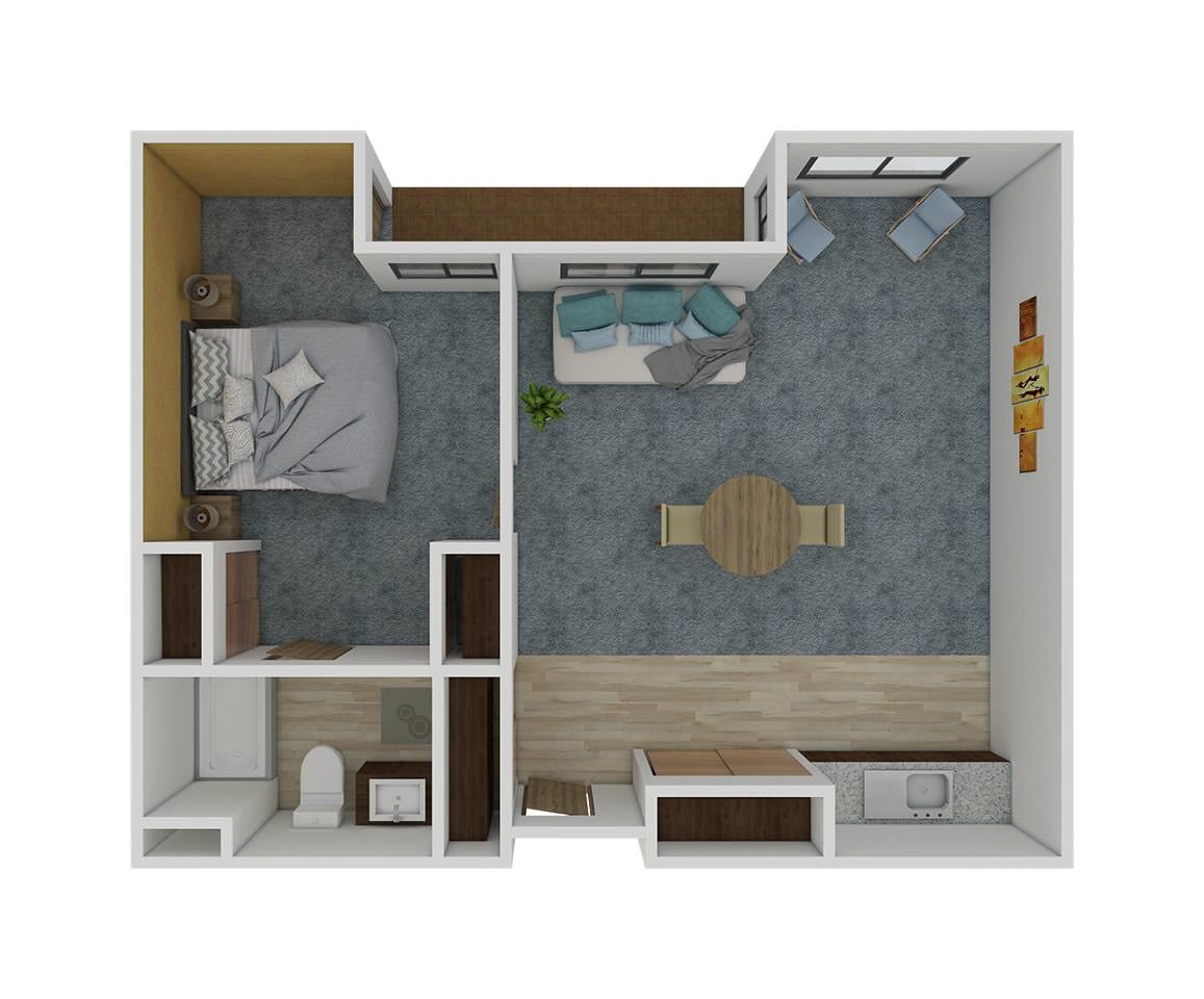 A modern apartment floor plan featuring a bedroom, bathroom, living area, and kitchen.