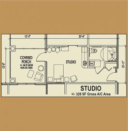 Floor plan of a studio apartment with labeled areas and dimensions.