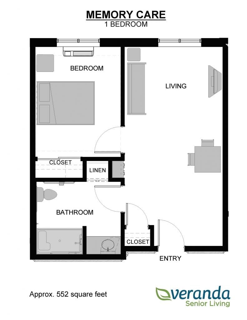 A one-bedroom apartment floor plan with designated living, bedroom, and bathroom areas.
