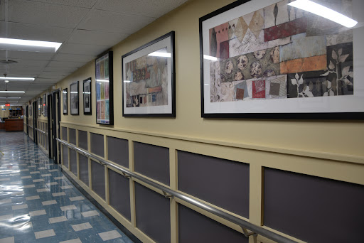 A well-decorated hallway featuring framed artworks that enhance the environment.