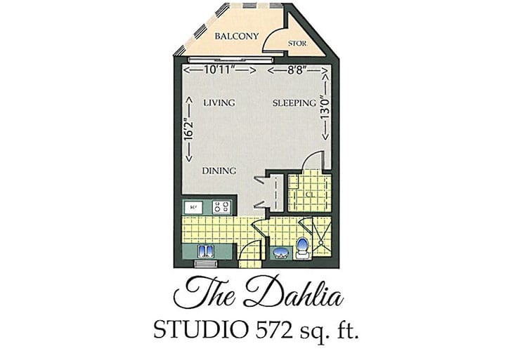 Floor plan of The Dahlia, a studio apartment with 572 sq. ft. including a balcony.