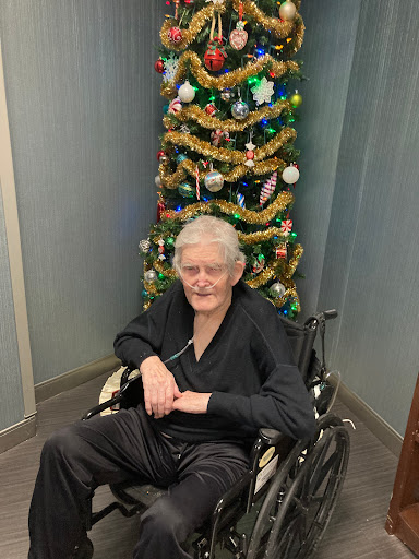 An elderly person smiling next to a beautifully decorated Christmas tree.