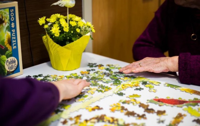 Two people working on a jigsaw puzzle beside a pot of yellow flowers.