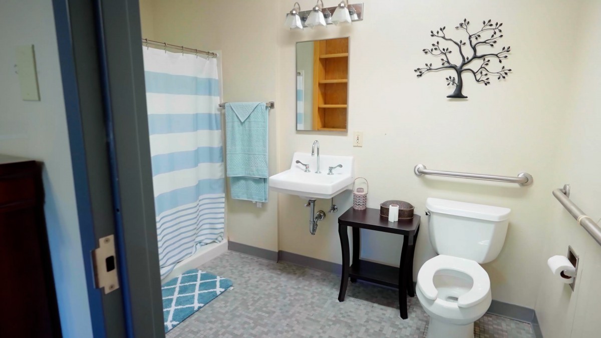 A clean, well-organized bathroom with a sink, shower, and decorative elements.