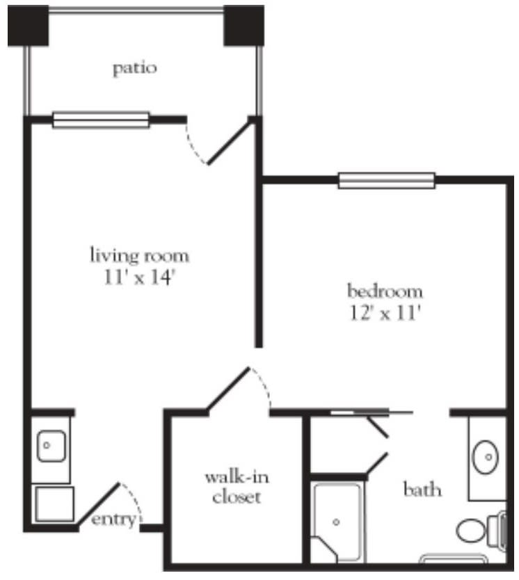 A one-bedroom apartment floor plan with a living room, bathroom, walk-in closet, and patio.