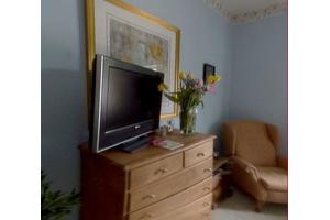 A cozy living room corner featuring a dresser with a television, flowers, and artwork.