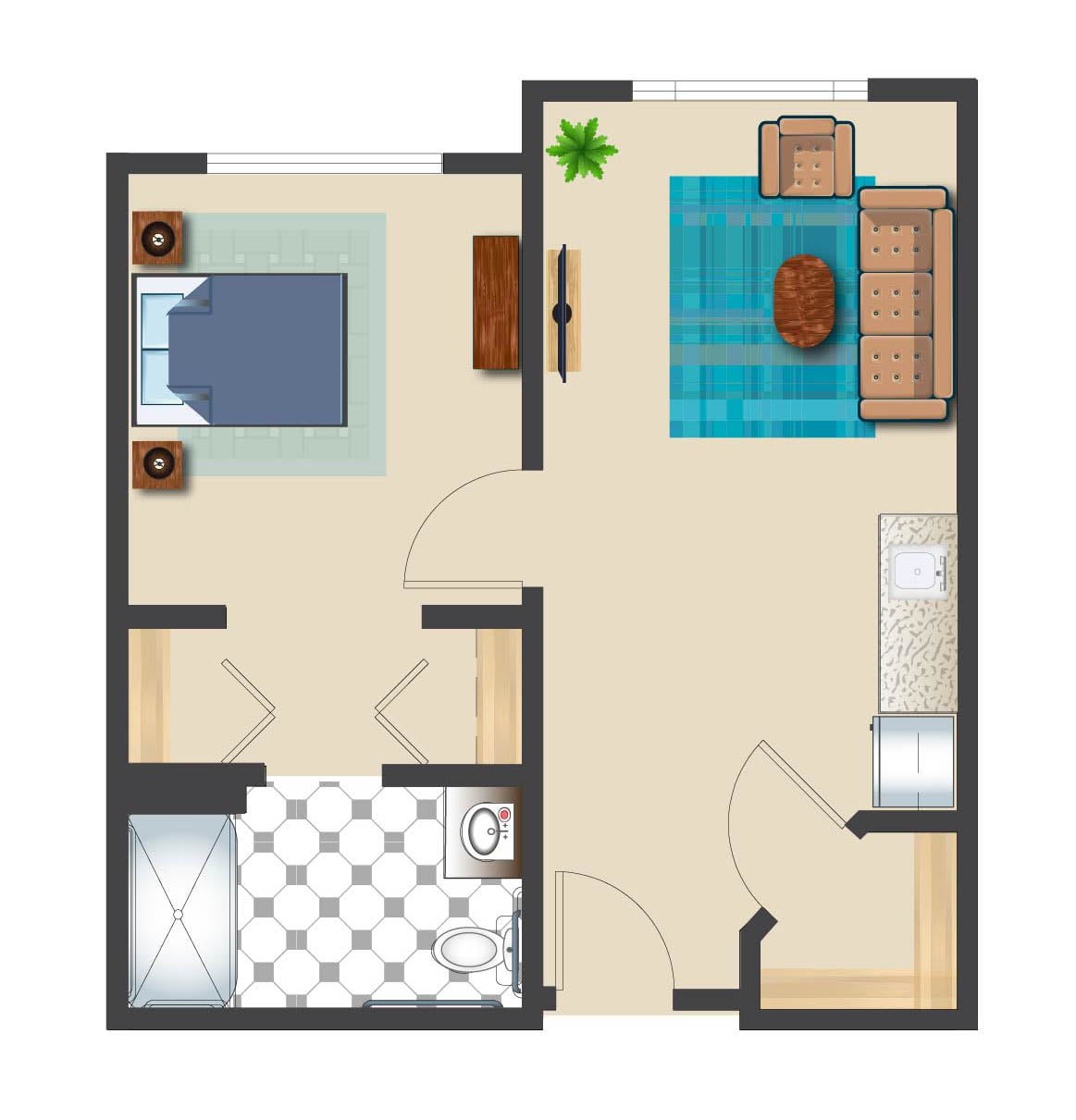 A simple floor plan of an apartment featuring a bedroom, bathroom, and living area.