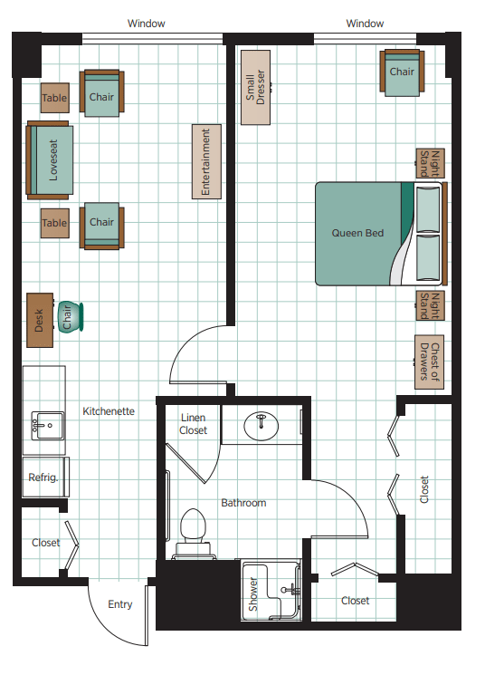 A floor plan of a one-bedroom apartment with designated living, kitchen, and bedroom areas.
