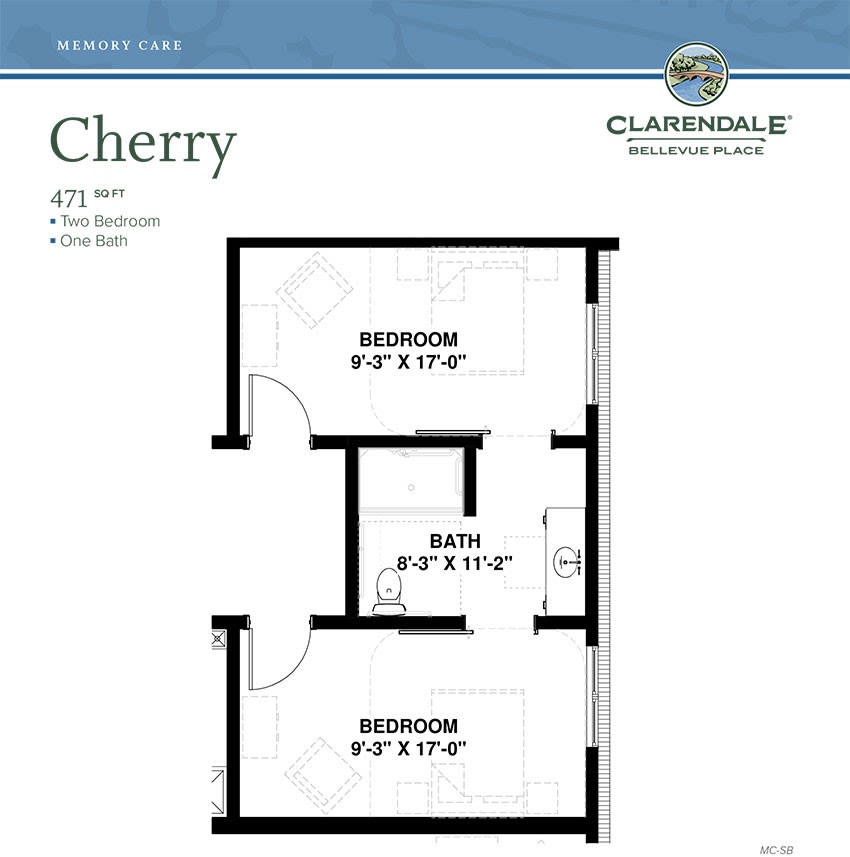 A floor plan for a residential apartment titled 'Cherry', featuring two bedrooms and one bathroom.