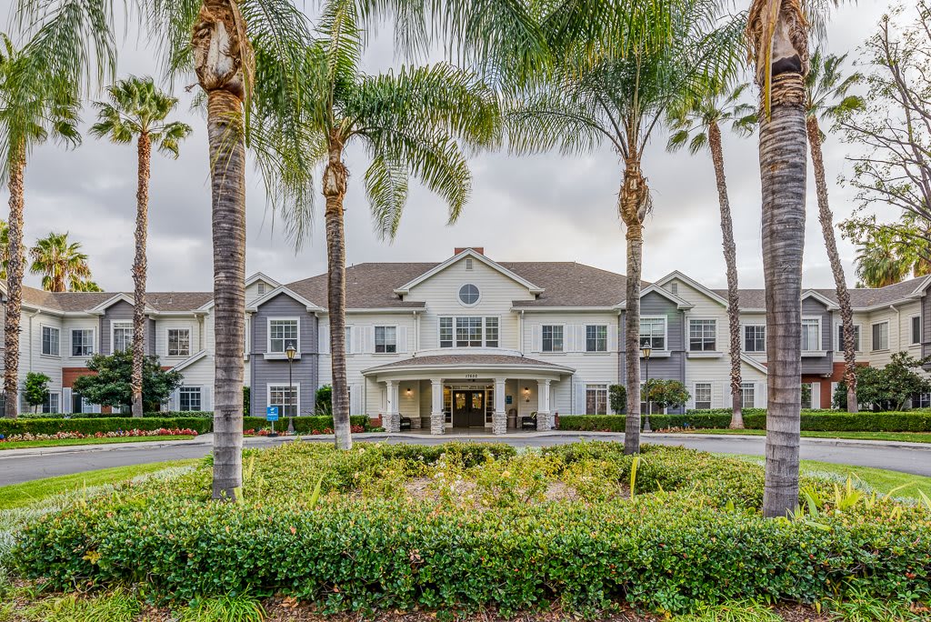 A modern building surrounded by palm trees and lush landscaping.