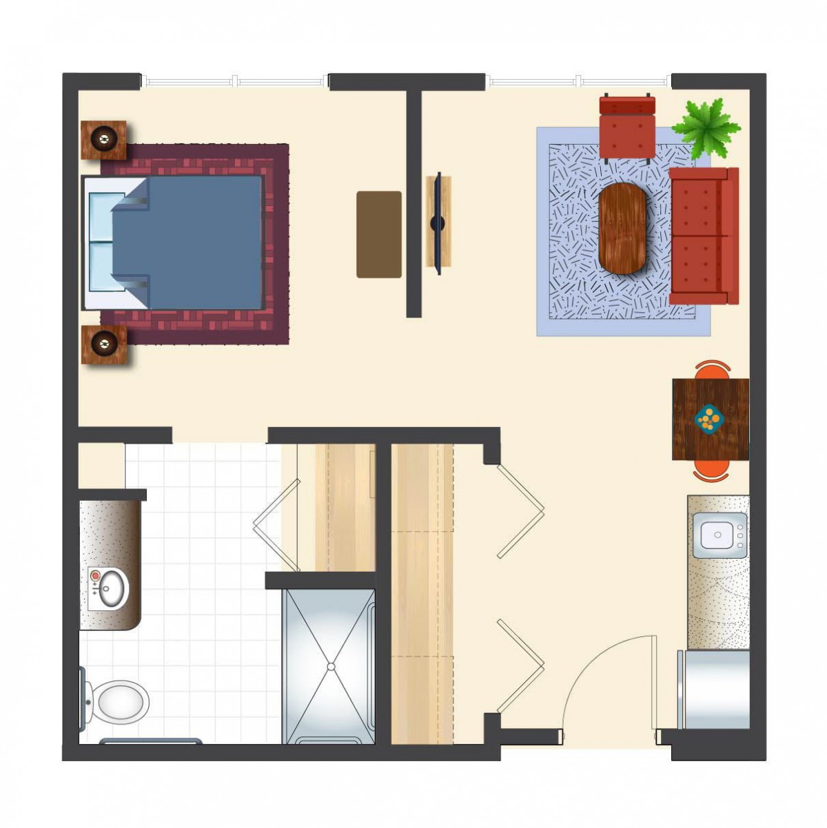 A simple apartment floor plan featuring two bedrooms, a bathroom, and a living area.