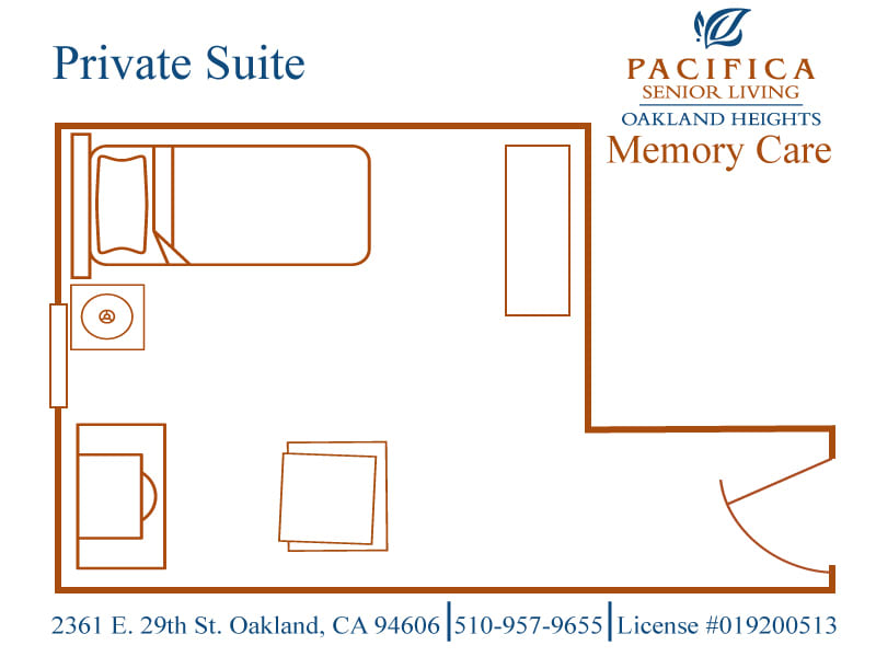 Floor plan of a private suite in a memory care facility.