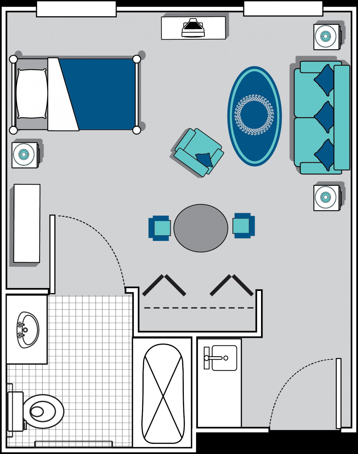 A simple floor plan showcasing a small apartment with a bedroom, living area, and bathroom.