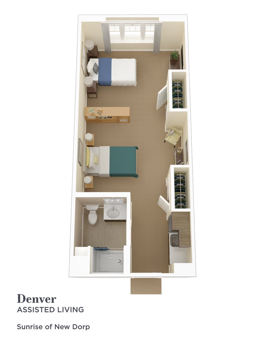 A detailed floor plan of an apartment featuring two bedrooms, a bathroom, and a living area.