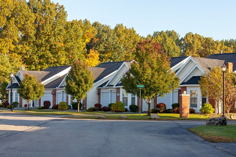 A suburban neighborhood street lined with trees and houses during autumn.