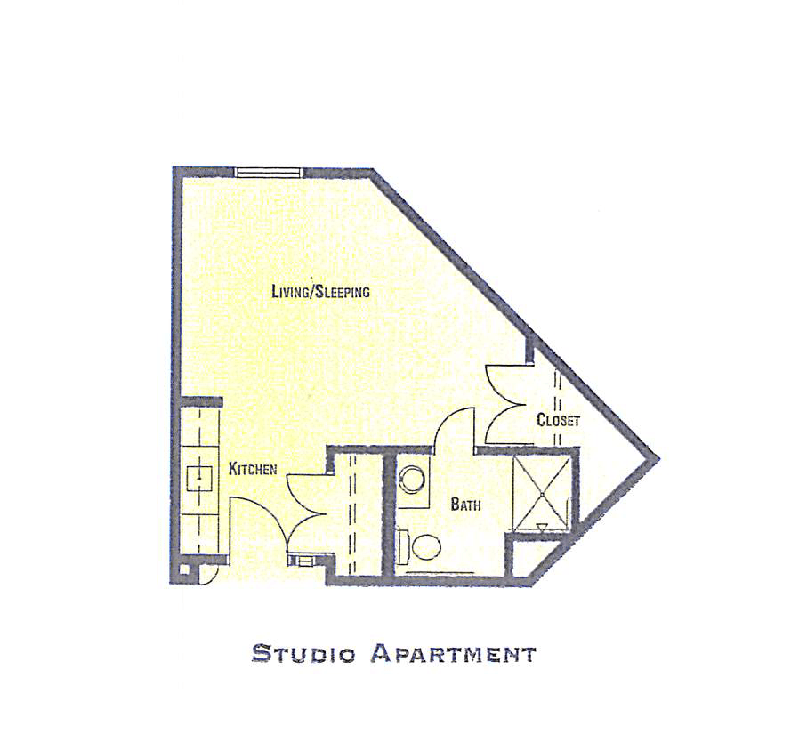 A floor plan of a studio apartment showing the layout of rooms.