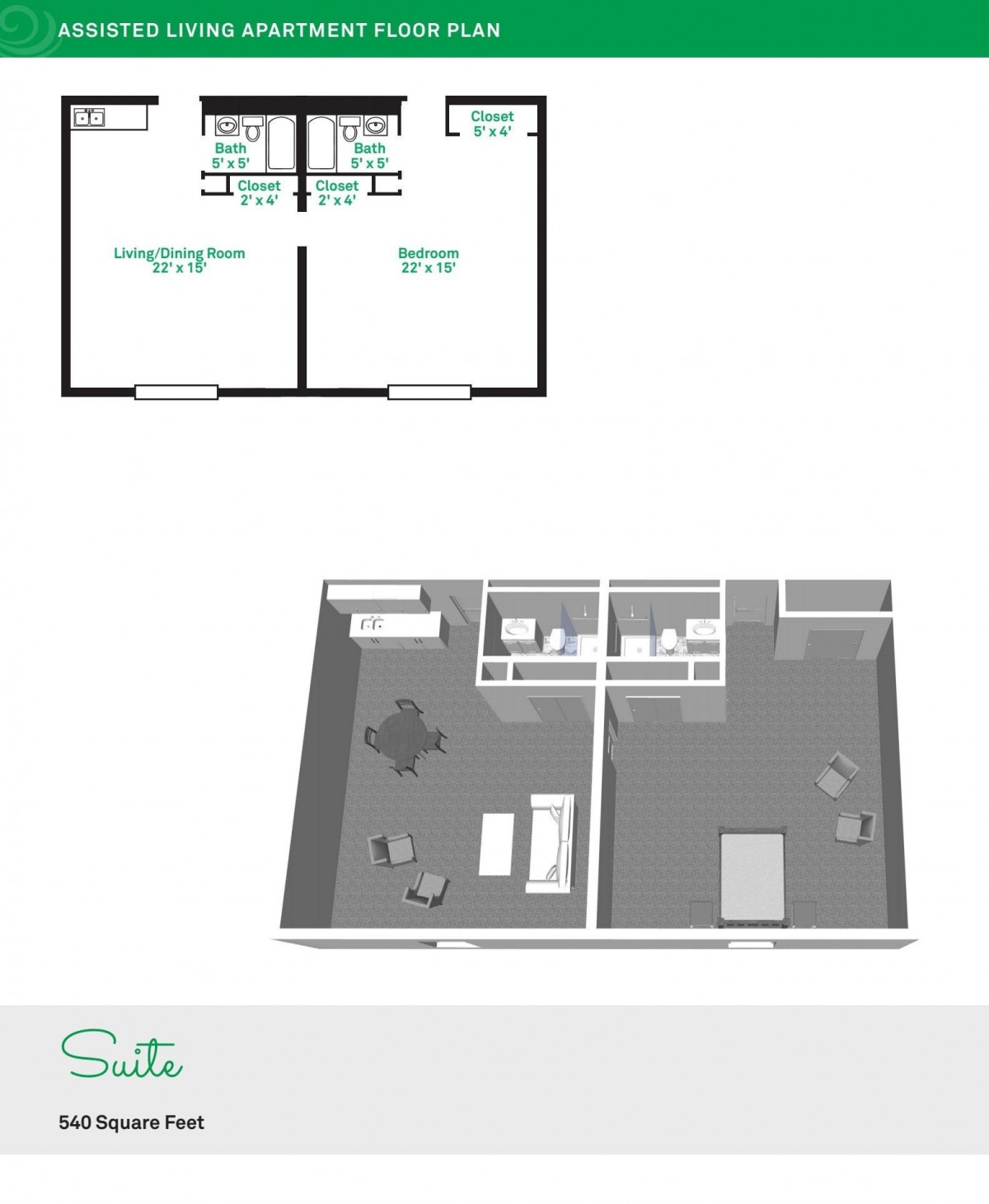 A detailed floor plan and 3D model of a suite layout, showcasing room organization and furniture placement.