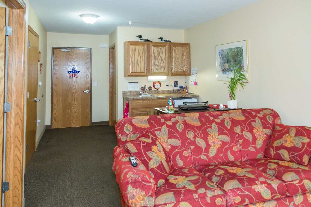 A cozy living room with a floral-patterned sofa and a small kitchenette area.