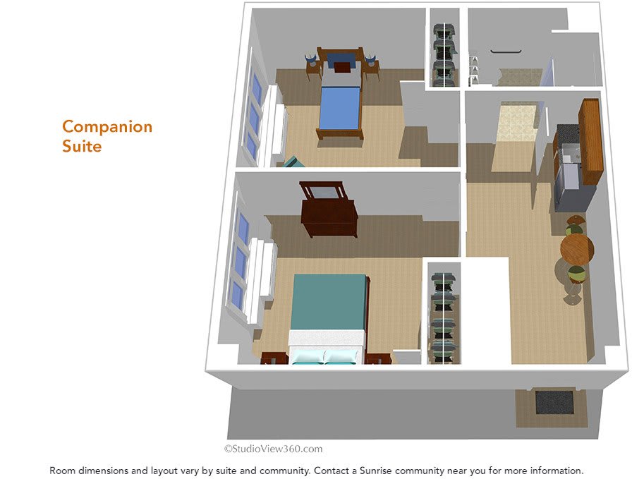 3D floor plan showing a layout with two bedrooms and a common area.