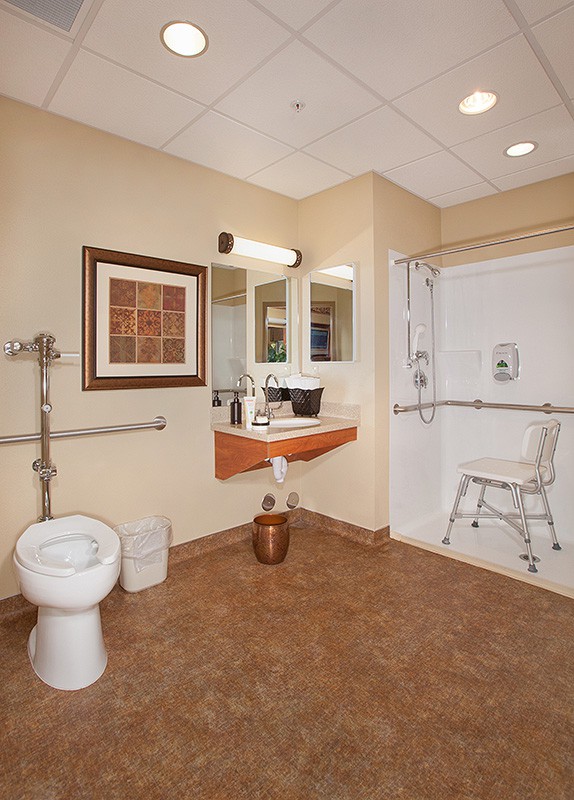 An accessible bathroom featuring grab bars, a shower chair, and modern amenities.