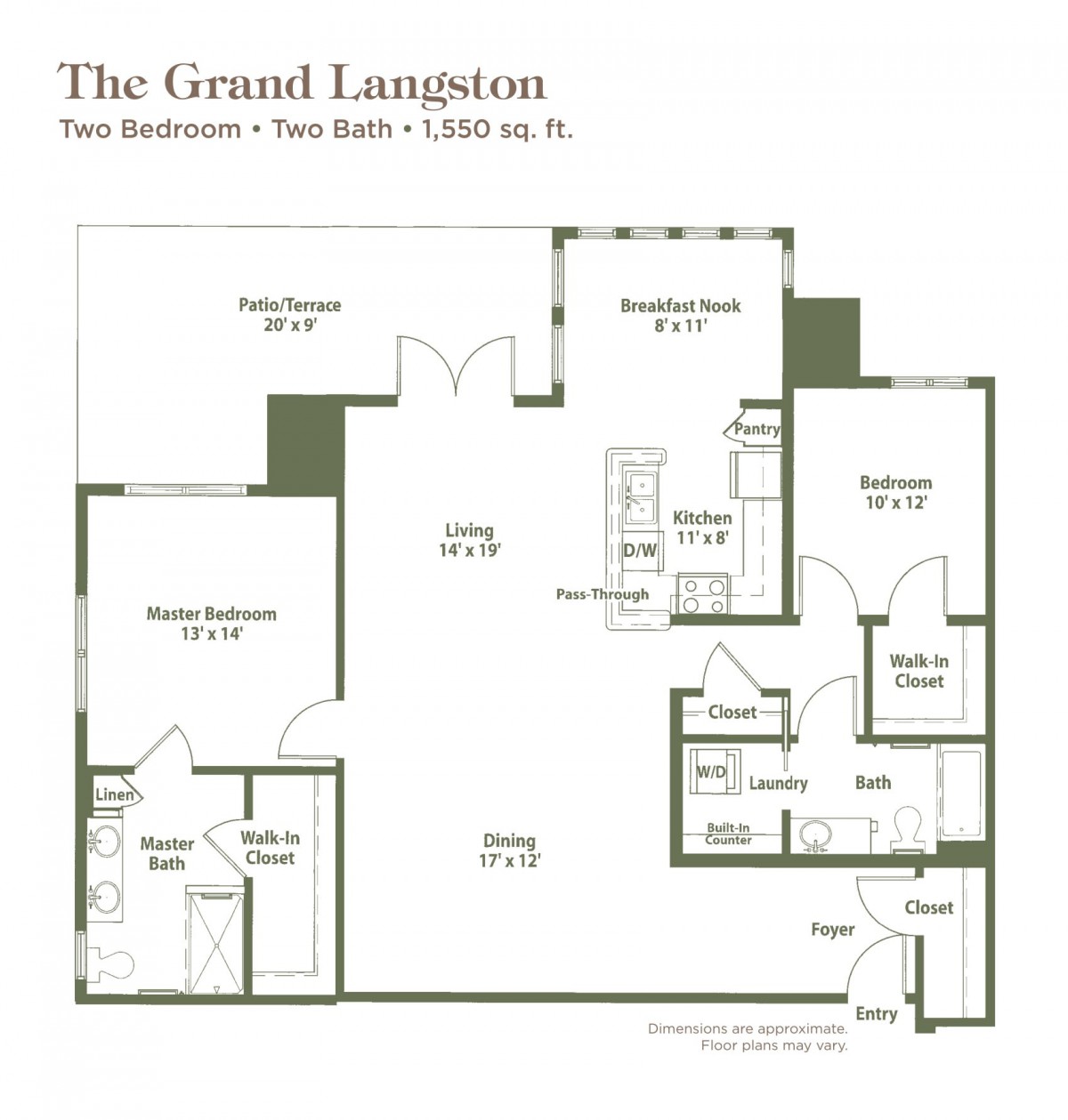 Layout of a three-bedroom, two-bathroom apartment named 'The Grand Langston', covering an area of 1,554 sq. ft.