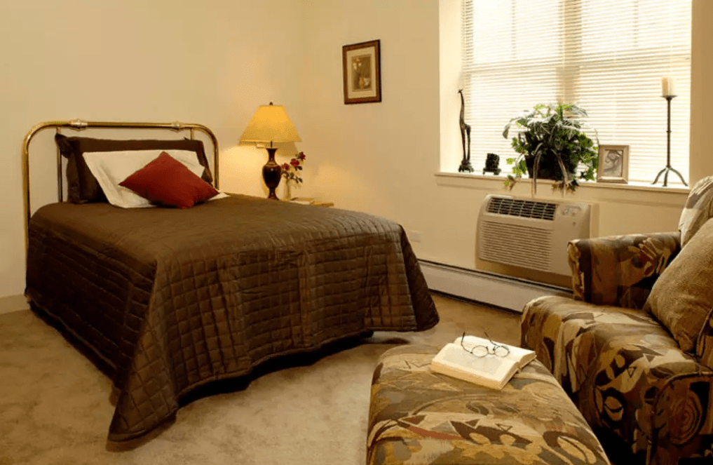 A cozy bedroom with a brown bedspread, a lamp on the nightstand, and a potted plant by the window.