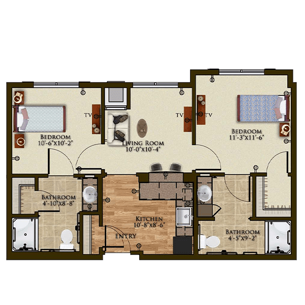 A floor plan of a two-bedroom apartment with a living room, kitchen, and bathrooms.