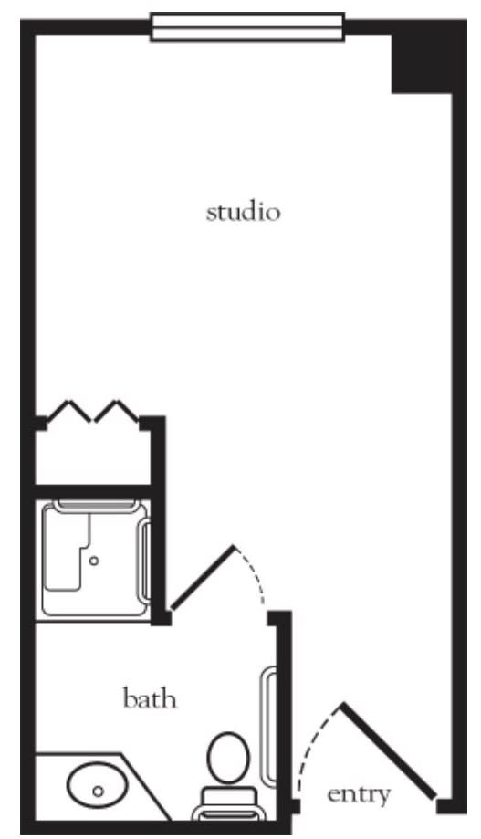 Floor plan of a studio apartment with bathroom.