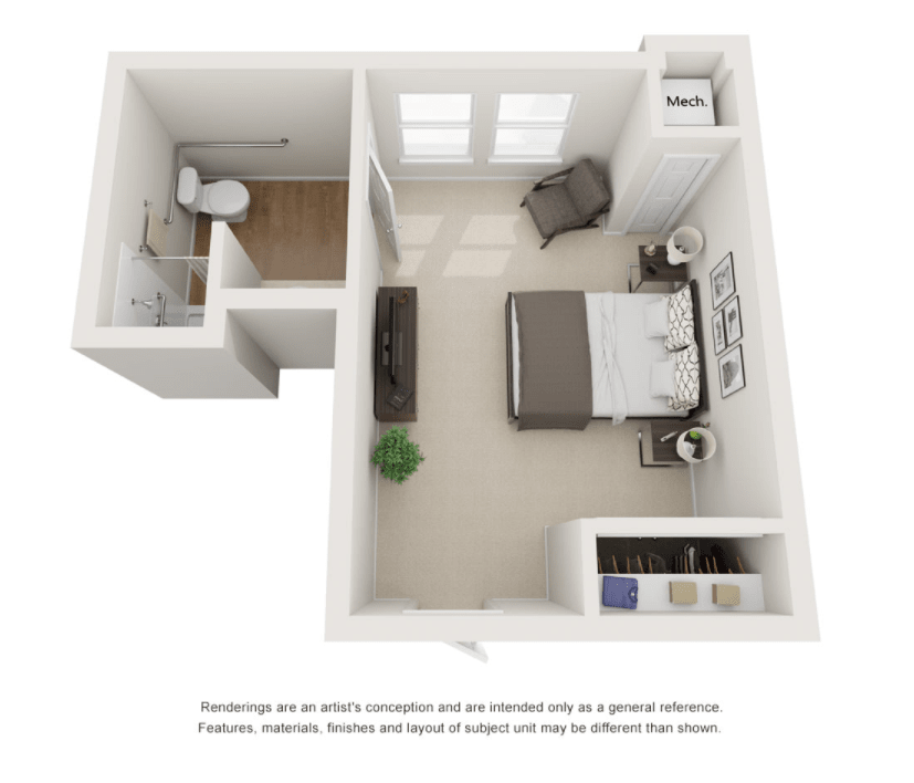 3D floor plan of a one-bedroom apartment featuring a bedroom, bathroom, and furniture arrangement.
