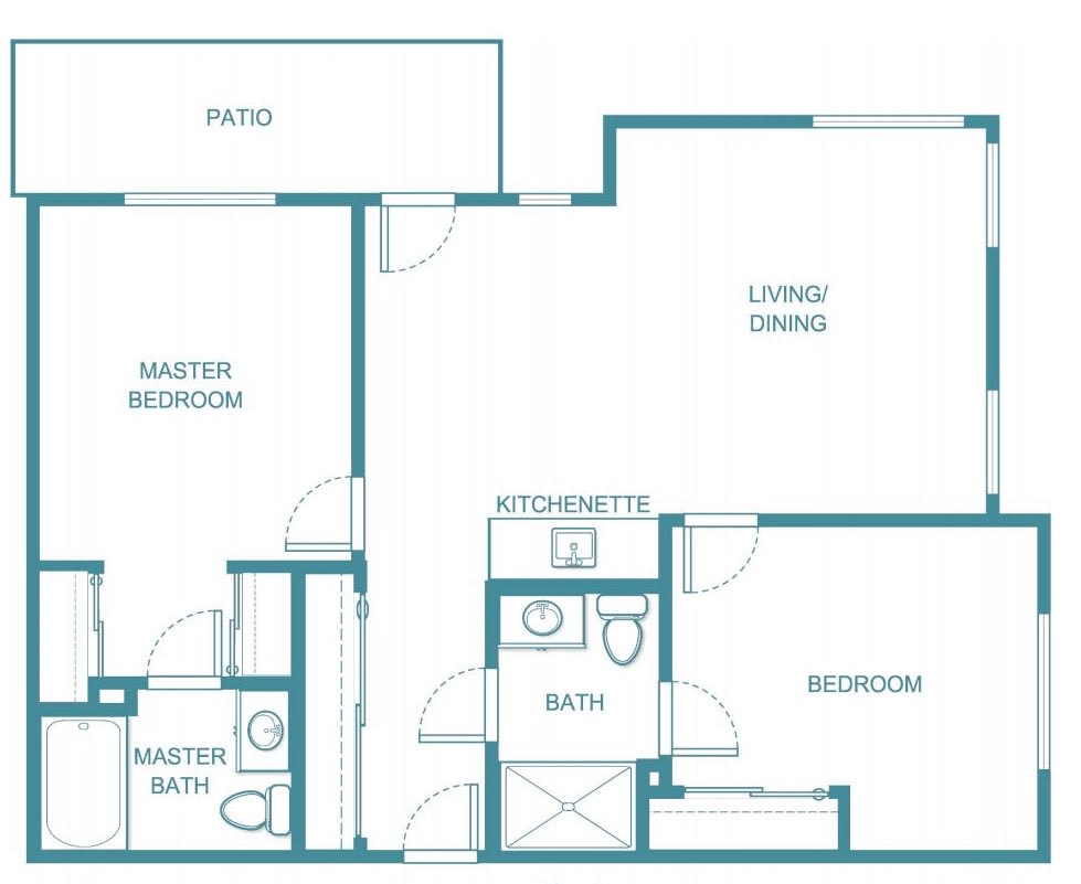 A floor plan of a two-bedroom apartment featuring a kitchenette, living/dining area, two bathrooms, and a patio.