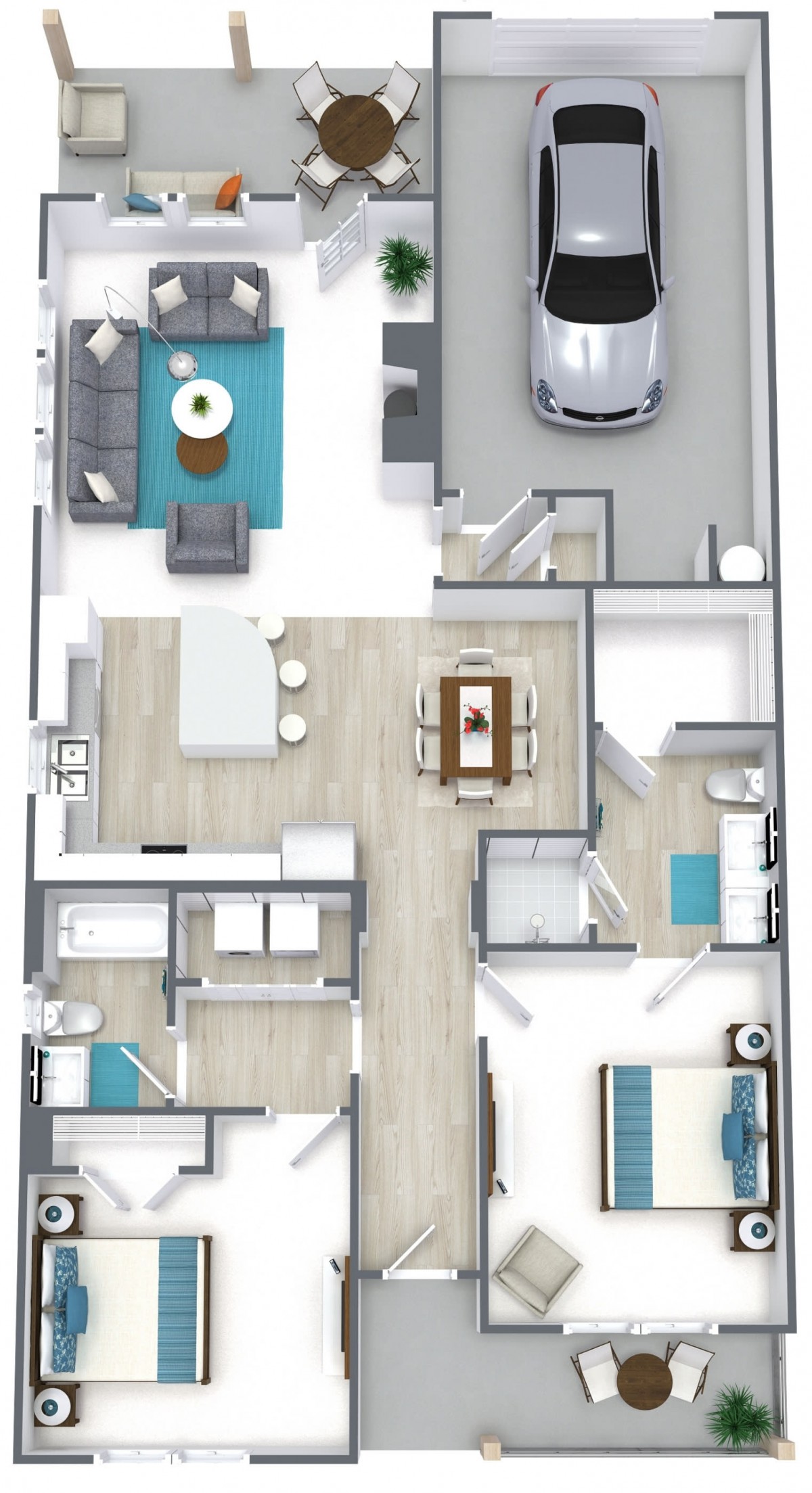 A detailed floor plan of a modern home with designated areas for living, dining, bedroom, and garage.