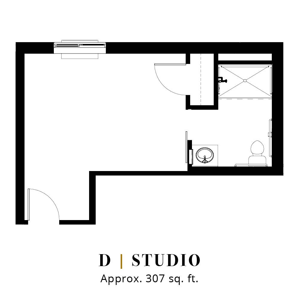 A floor plan depicting the layout of a studio apartment, approximately 307 square feet.