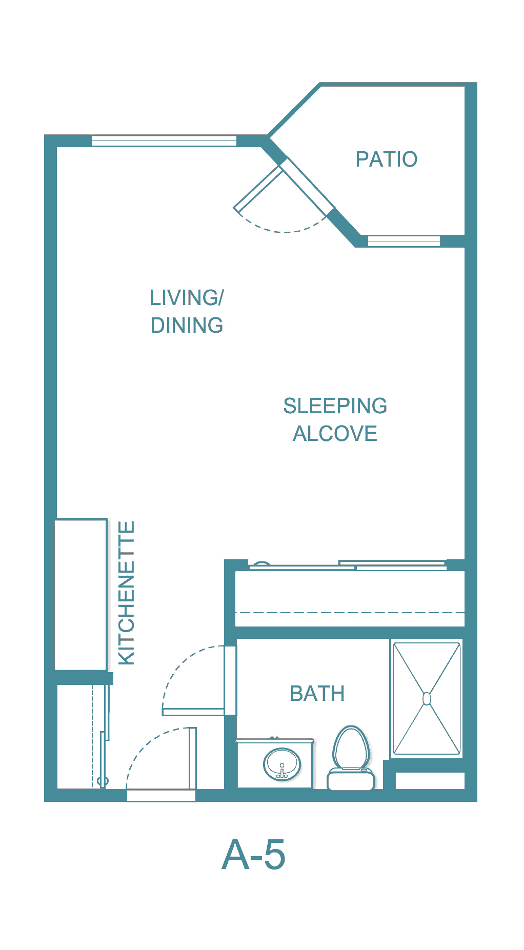 A floor plan of a studio apartment featuring a sleeping alcove, living/dining area, kitchenette, and bathroom.