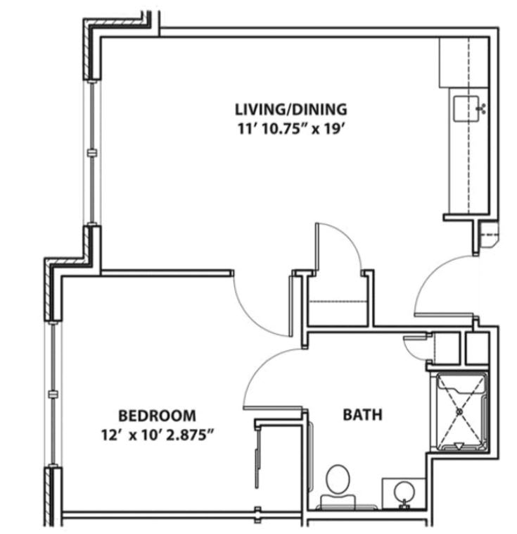 A one-bedroom apartment floor plan showing a living/dining area, bedroom, and bathroom.