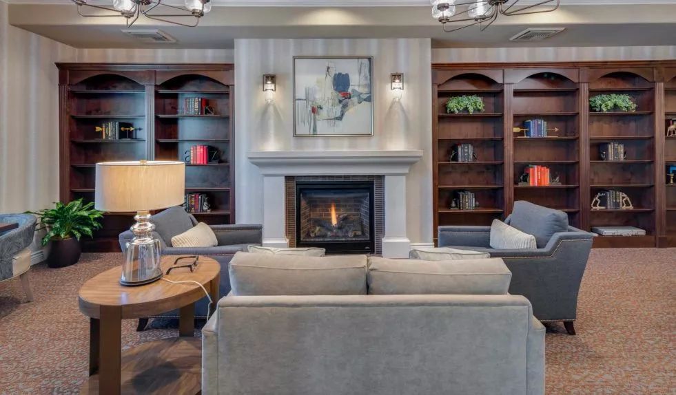 A cozy living room with a fireplace, surrounded by bookshelves and elegant modern furniture.