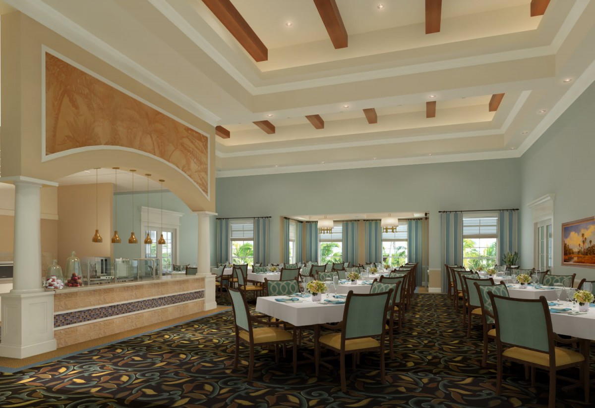 Elegant restaurant dining area with neatly arranged tables and chairs.