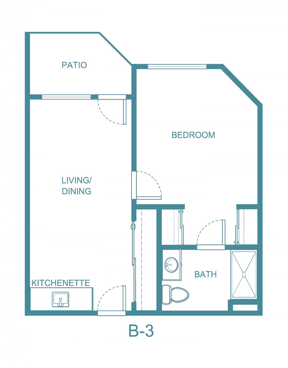 A simple floor plan of a one-bedroom apartment featuring a living/dining area, kitchen, patio, and bathroom.