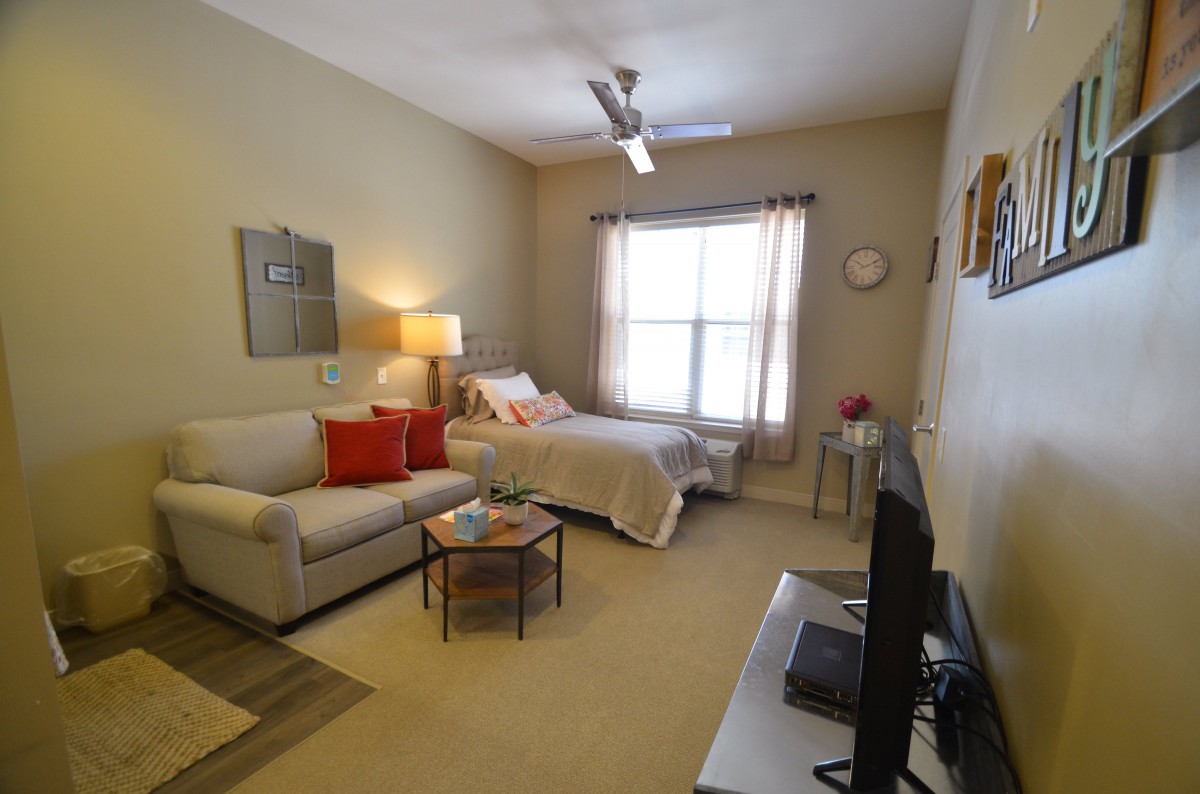 A cozy studio apartment with a bed, sofa, TV, and window.