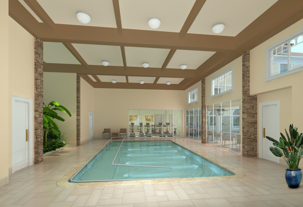 A luxurious indoor swimming pool with modern architectural design.