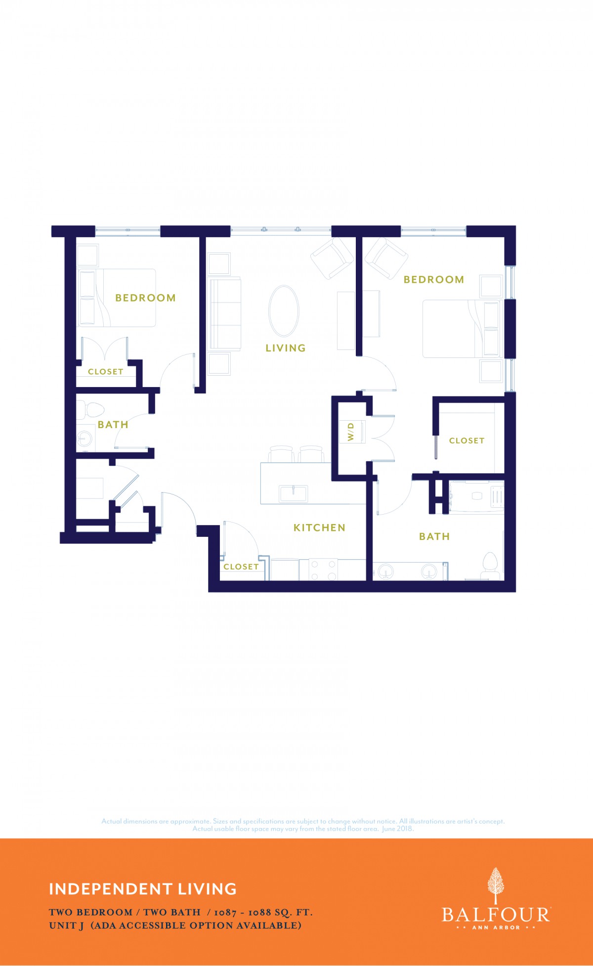 A blueprint layout of a multi-room apartment with designated spaces for different functions.