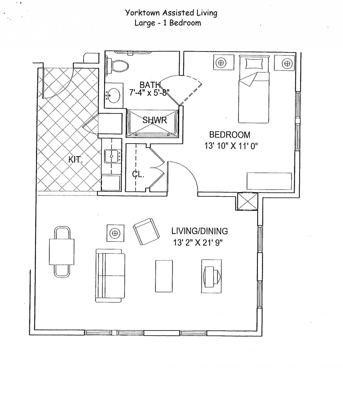 A floor plan of a one-bedroom apartment featuring a living room, kitchen, dining area, and bathroom.