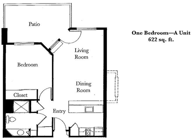 One-bedroom apartment floor plan with 622 sq. ft.