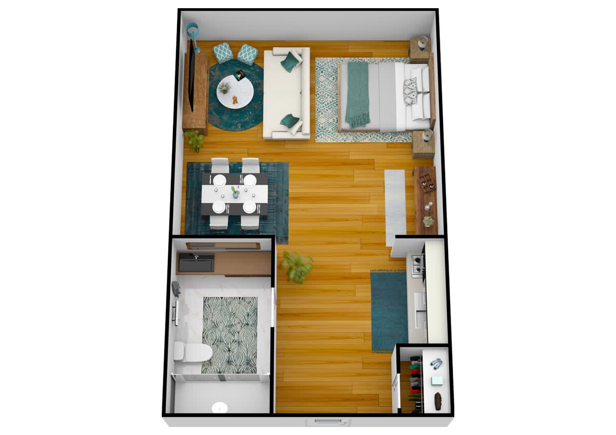 A 3D floor plan of a one-bedroom apartment featuring a living room, dining area, kitchen, and bathroom.
