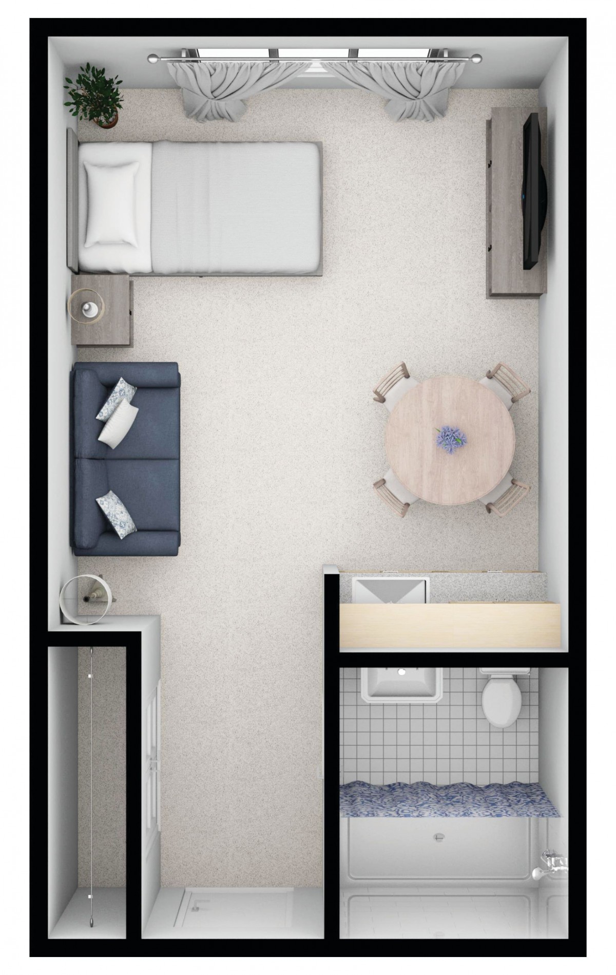 A compact studio apartment floor plan with a bedroom, living area, bathroom, and small dining space.