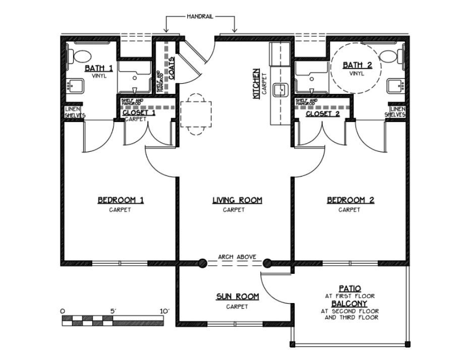 A floor plan illustrating the layout of a house with labeled rooms, including two bedrooms, bathrooms, a living room, and other areas.