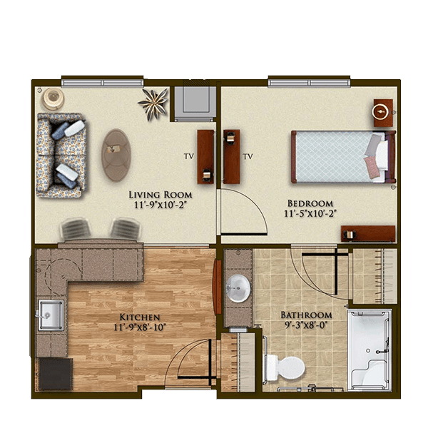 A compact one-bedroom apartment floor plan with a living room, kitchen, and bathroom.