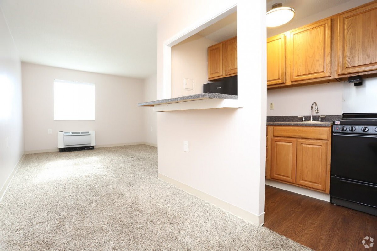 A spacious apartment interior featuring an open kitchen area with wood cabinets and a living room with carpet flooring.